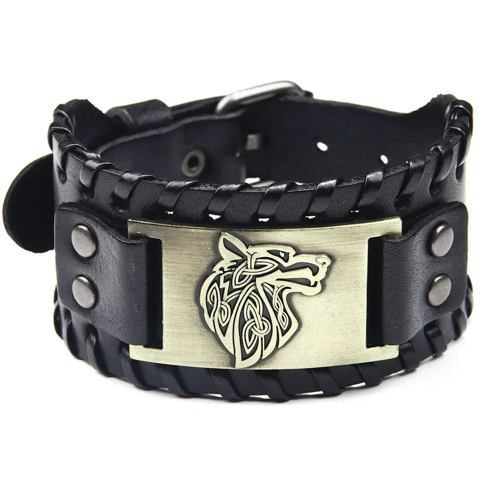 Punk Braided Rope Alloy Bracelet Wristband Adjustable Genuine Leather Bracelet Mens Leather Viking Totem Wristbands Wide Bangle
