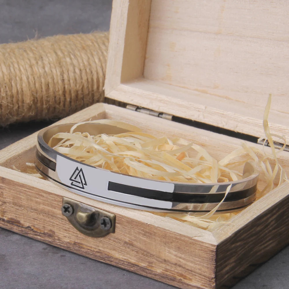 Stainless Steel Men's Handmade Nordic Valknut Bangle Viking Never Fade with wooden box as gift never fade