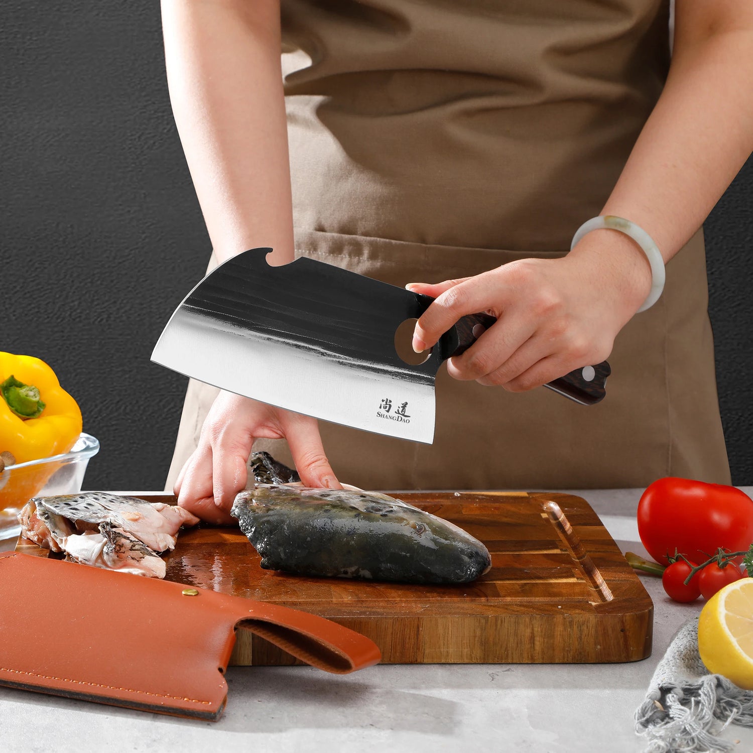 SHANGDAO 7"Deba Knife, Hand Forged Cleaver Butcher Knife for Meat Cutting, Japanese Kitchen Viking Knife with Sheath