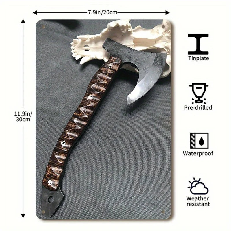 Viking Hawk Axe Metal Wall Art - 7.87" x 11.81" Iron Sign with Koa Wood & Brass Grip | Nautical Home Decor, Easy-to-Hang