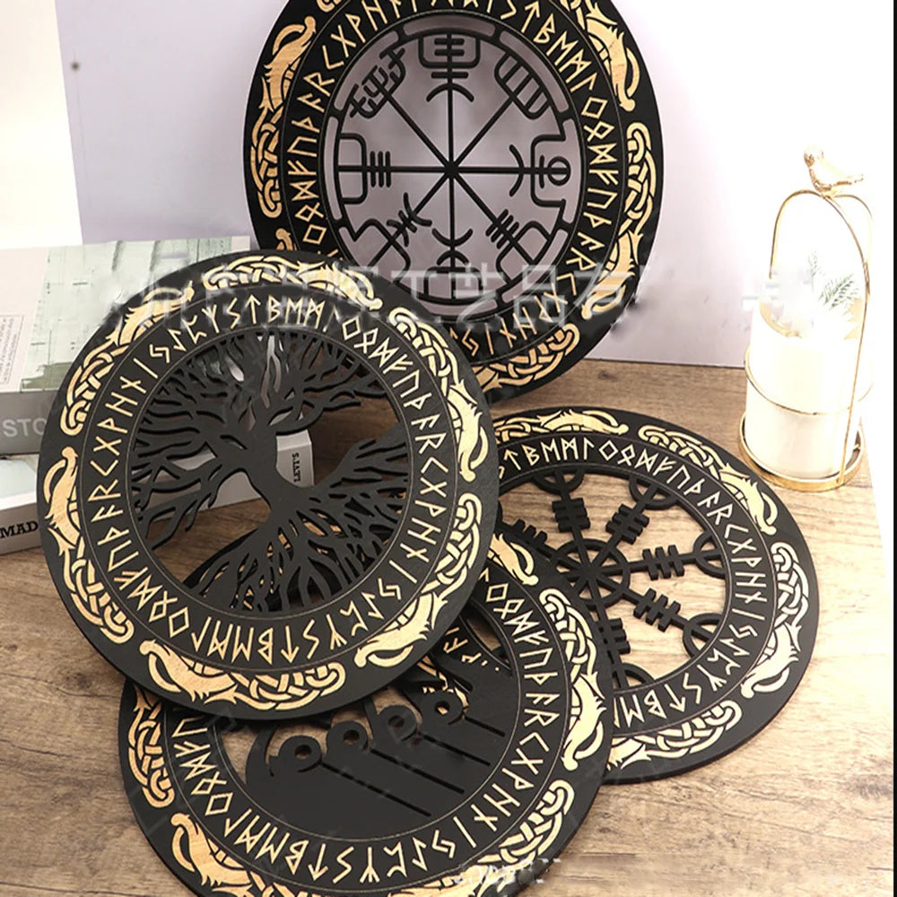 4PCS Set Round Wall Art Nordic Viking Runes Wooden Wall Decor Celtic Family Trees Viking Decor Amulet Sign Home Office Decor