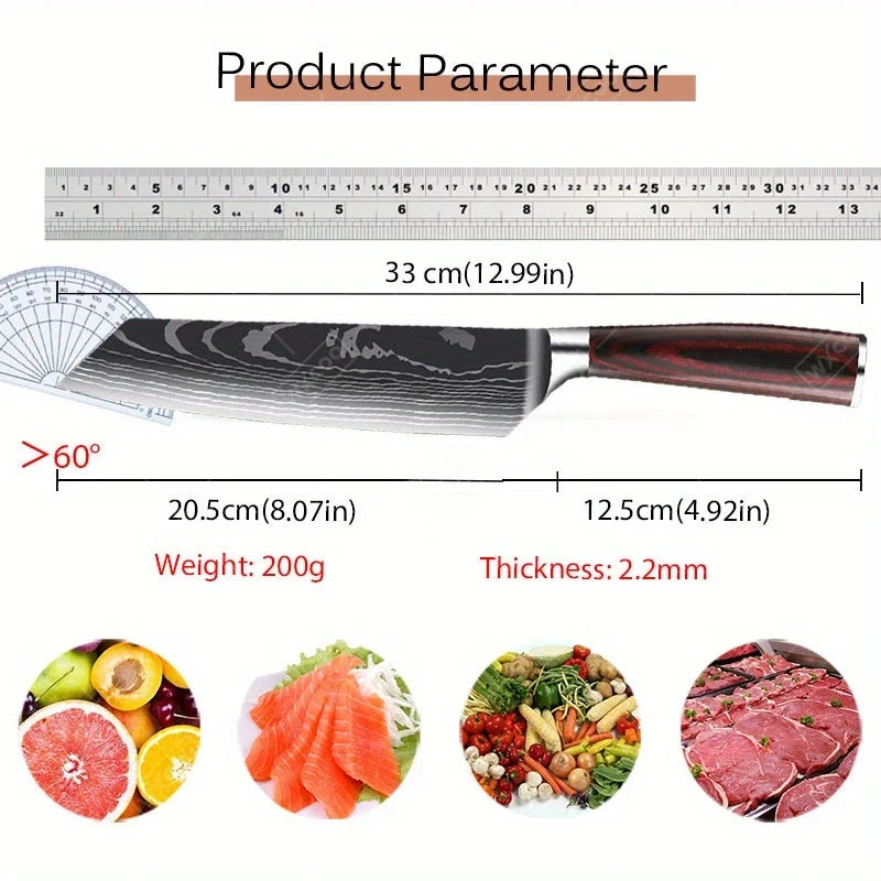 Stainless Steel Kitchen Knife Utility Knife With Painted Wood Handle 1pc Kitchen Meat Cleaver Damascus Pattern Cutting Knife