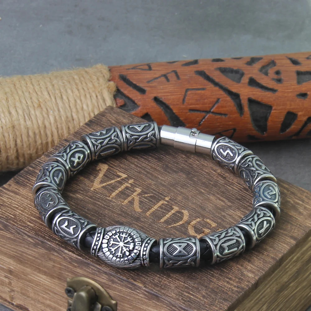 Stainless steel Runes Beads Men Bracelet Viking Rune Bracelet Fashion Charm Beads Bracelet wooden box
