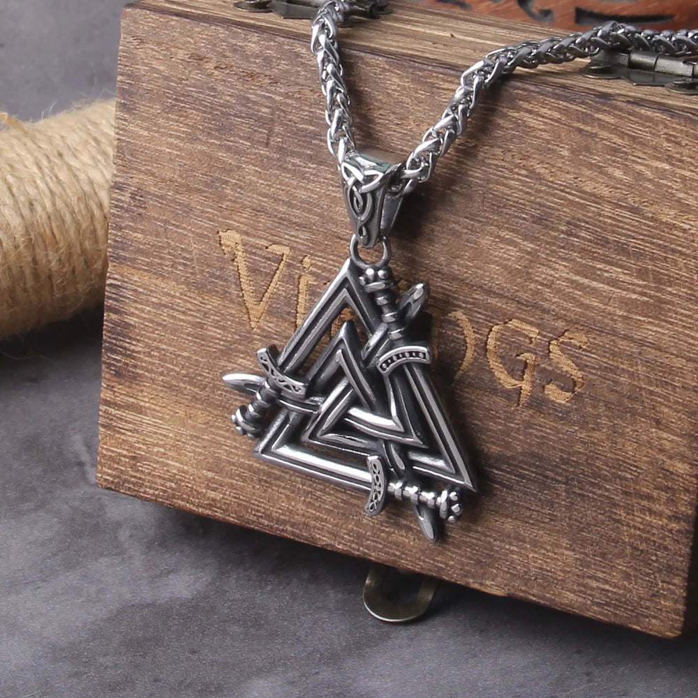 Stainless Steel Sword Valknut Necklace Packed by Wooden Box as Gift - Perfect Viking Jewelry for Men