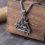 Stainless Steel Sword Valknut Necklace Packed by Wooden Box as Gift - Perfect Viking Jewelry for Men