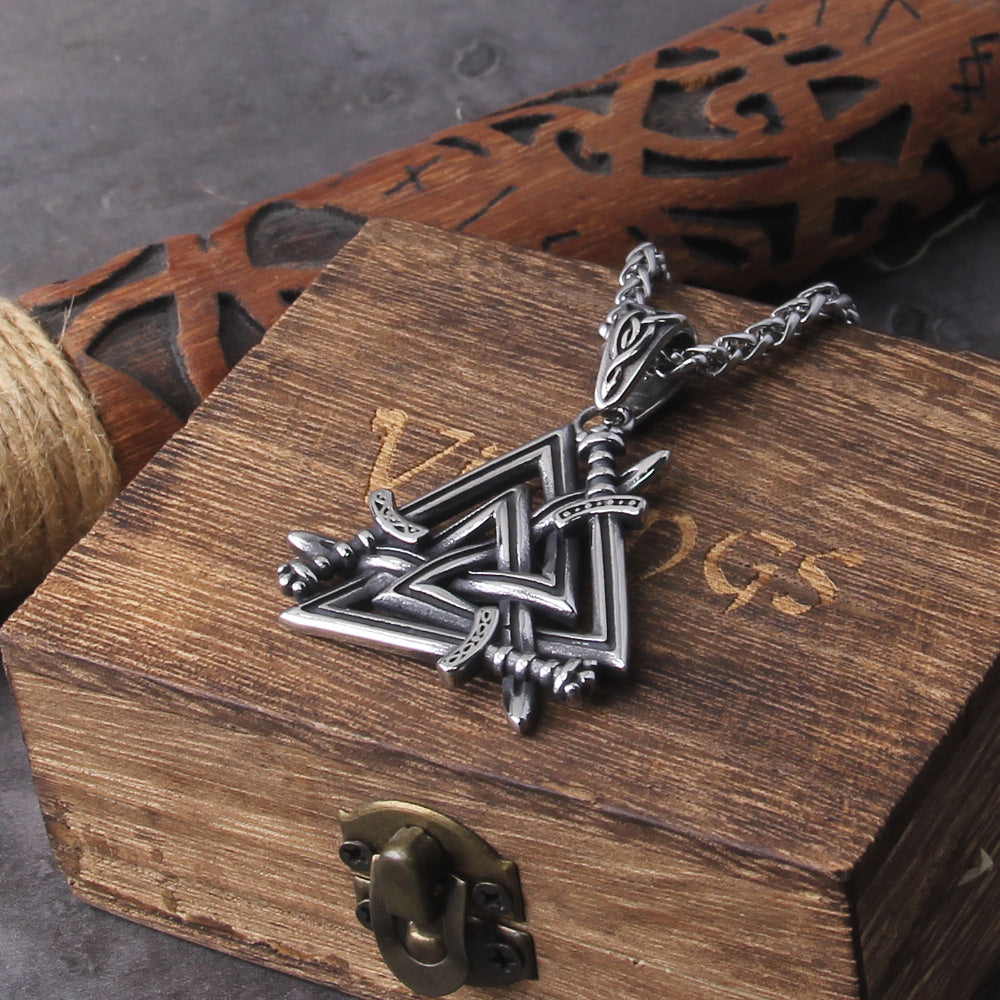 Stainless Steel Sword Valknut Necklace Packed by Wooden Box as Gift - Perfect Viking Jewelry for Men