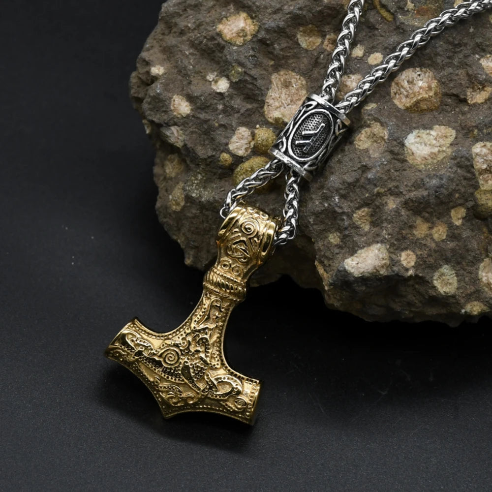 Norse Vikings Thor's Hammer Mjolnir Scandinavian Rune Amulet Keychain Stainless Steel Vegvisir Anchor Pendant Male Jewelry