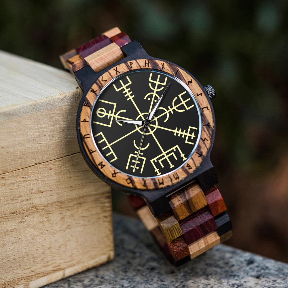 Viking Wooden Watch - Vegvisir Symbol