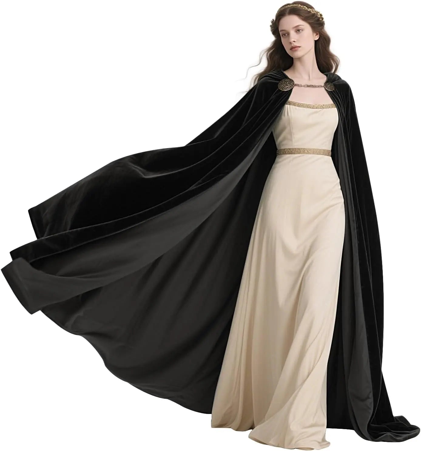 Viking Hooded Cape – Medieval Black Renaissance Cloak with Hood, Chain Clasp for Halloween, Cosplay & Costume Events