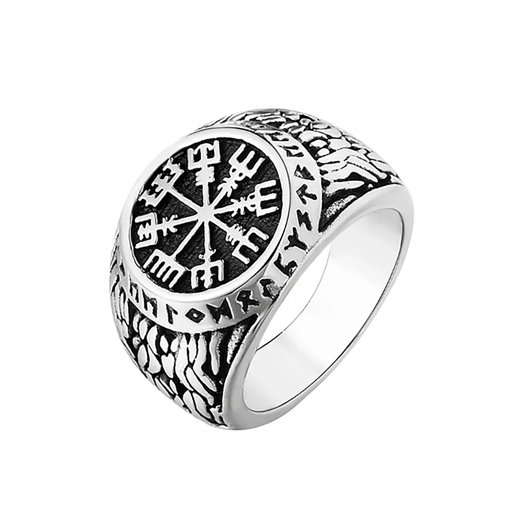 Vintage Viking Compass Helm of Awe Ring Stainless Steel Men Nordic Ethnic Belief Aegishjalmur Viking Rings Jewelry Dropshipping