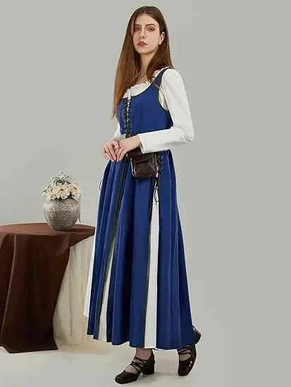 USA Stock DAIZBELLA Women Medieval Renaissance Dress Retro Viking Fake Two Piece Dress with Wasit Bag Cosplay Costume