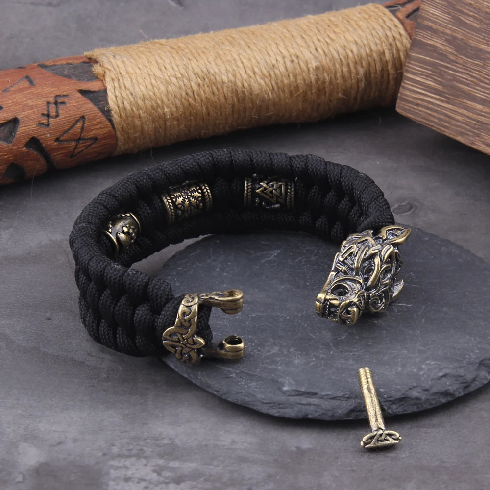 Never Fade Rock Viking Wolf Bracelet Men's handmade cord Wolf Bead Punk Bracelets Biker Jewelry