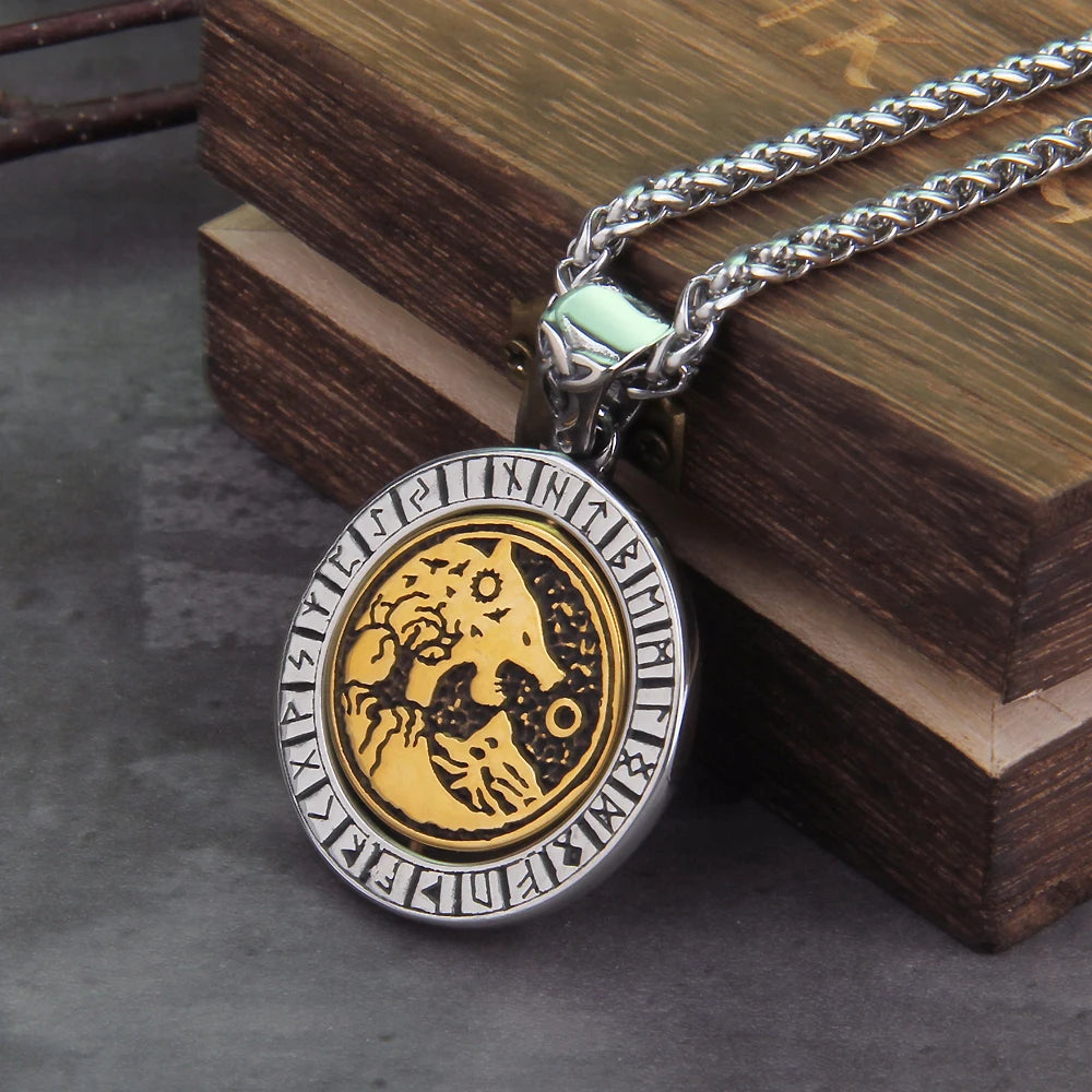 Stainless Steel Full Style Viking Rotating wolf ouroboros Pendant necklace with wooden box