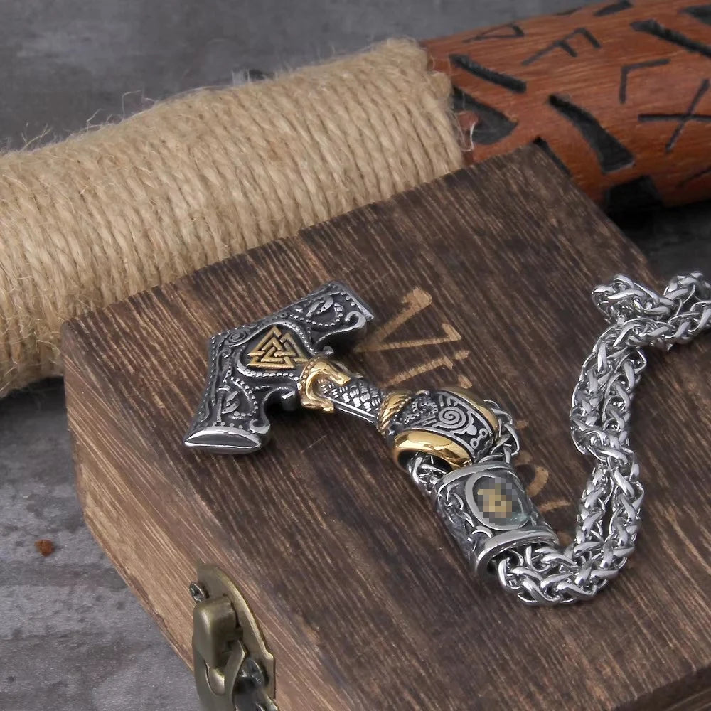 Norse Scandinavian Vienna Viking Valknut Necklace Men Vintage Stainless Steel Mjolnir Thor's Hammer Pendant Necklace Jewelry