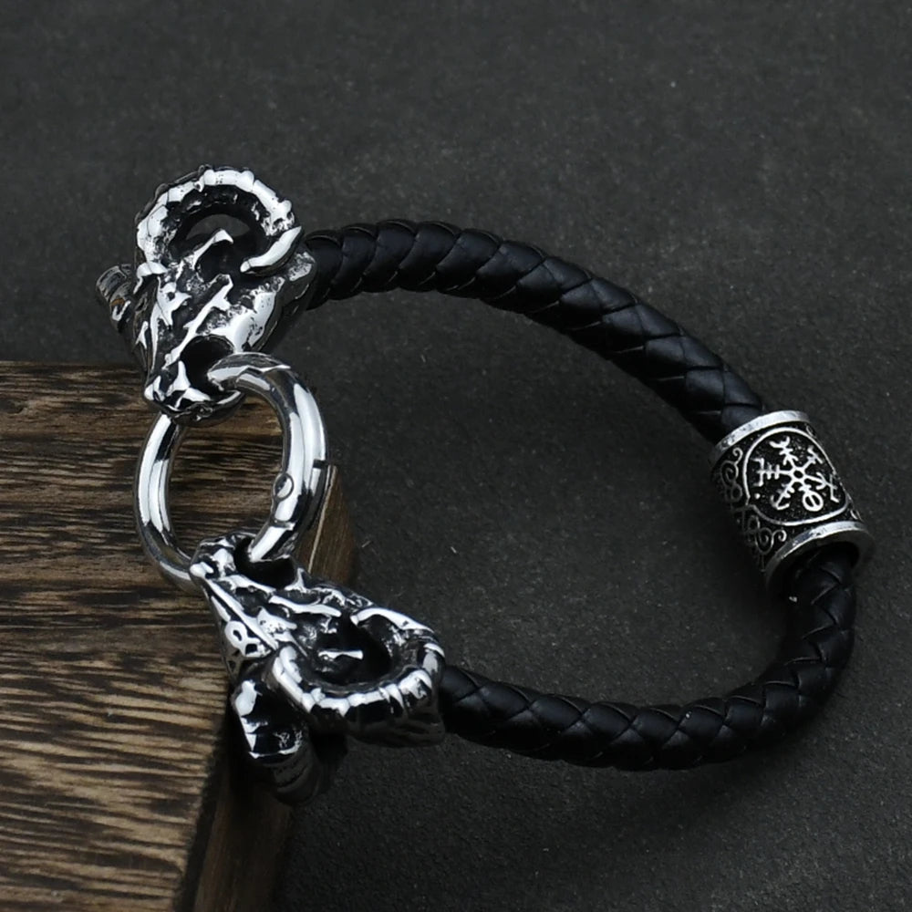 Viking Goat Head Bracelets Men Stainless Steel Vintage Viking Bangles rune Amulet Leather Icelandic Jewelry