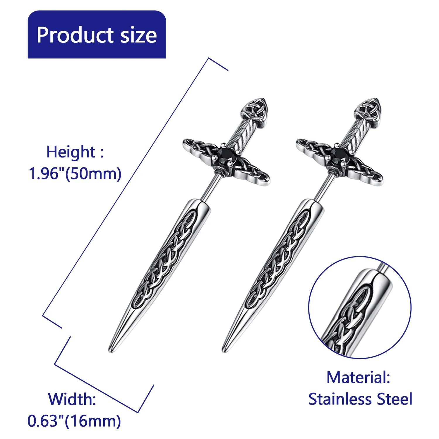BONISKISS Men's and Women's Sword Earrings Gothic Dagger Earrings Stainless Steel Viking Zircon Tip Piercing Ring Jewelry Gift