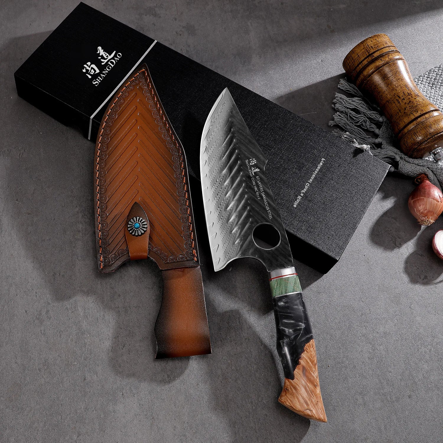 SHANGDAO Damascus Butcher Knife 7 inch, Viking Cleaver Kitchen Knives with Leather Sheath - Hand Forged Resin & Wood Handle