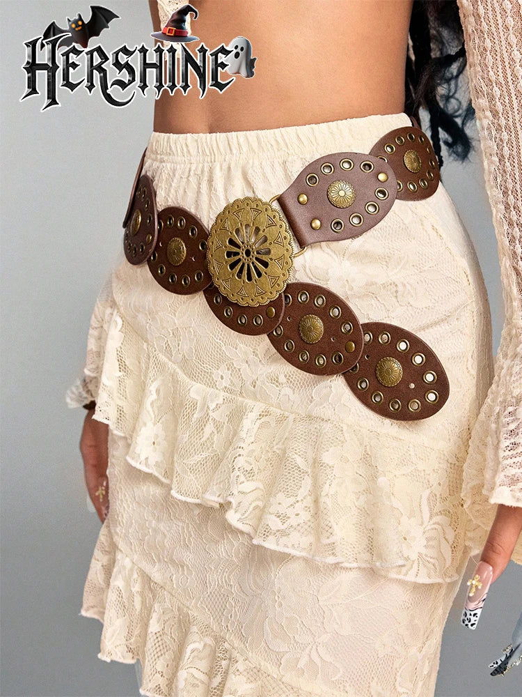 1 Pack Women's Hollow Flower Buckle Brown Oval Splicing Belt Belt Round Metal Eyelets Bohemian Western Style Viking Style