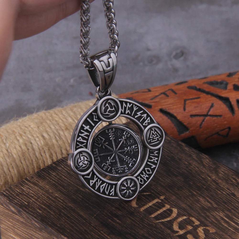 Stainless Steel Full Style Viking Rotating wolf ouroboros Pendant necklace with wooden box