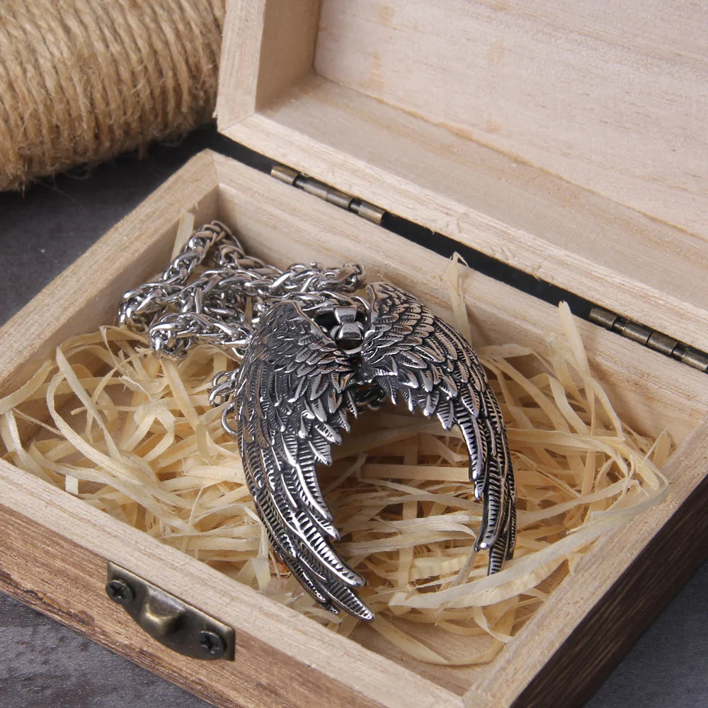 Classic Angel Wings Pendant necklace For Man Stainless Steel Good Detail Fashion Jewelry with wooden box as gift
