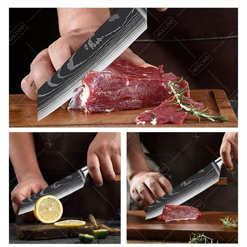 Stainless Steel Kitchen Knife Utility Knife With Painted Wood Handle 1pc Kitchen Meat Cleaver Damascus Pattern Cutting Knife