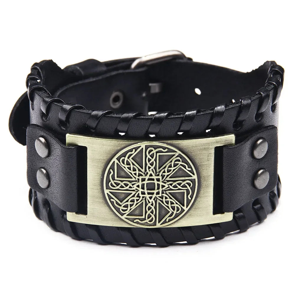 Punk Braided Rope Alloy Bracelet Wristband Adjustable Genuine Leather Bracelet Mens Leather Viking Totem Wristbands Wide Bangle