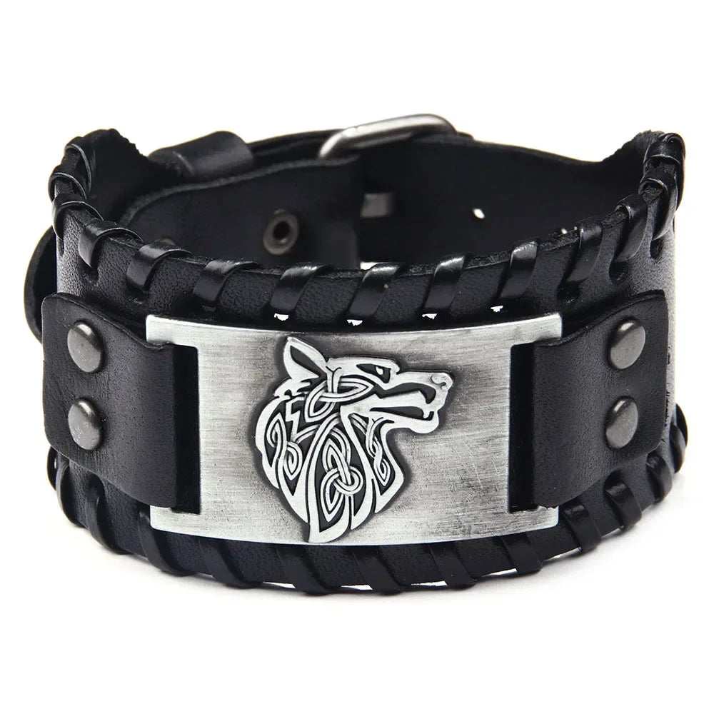 Punk Braided Rope Alloy Bracelet Wristband Adjustable Genuine Leather Bracelet Mens Leather Viking Totem Wristbands Wide Bangle