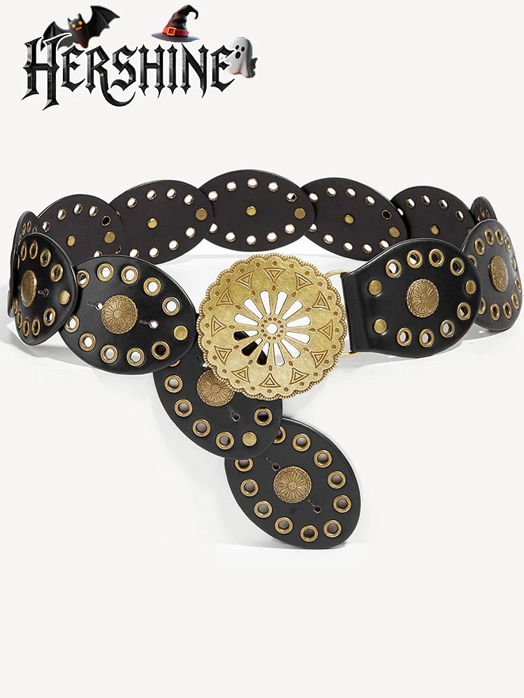 1 Pack Women's Hollow Flower Buckle Brown Oval Splicing Belt Belt Round Metal Eyelets Bohemian Western Style Viking Style