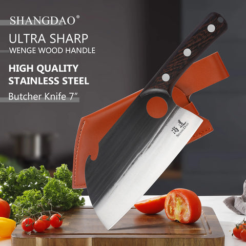 SHANGDAO 7"Deba Knife, Hand Forged Cleaver Butcher Knife for Meat Cutting, Japanese Kitchen Viking Knife with Sheath