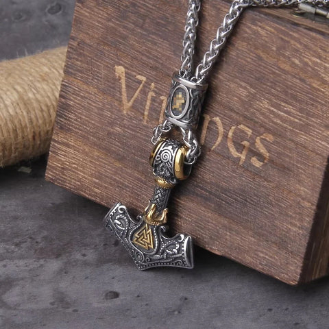Norse Scandinavian Vienna Viking Valknut Necklace Men Vintage Stainless Steel Mjolnir Thor's Hammer Pendant Necklace Jewelry