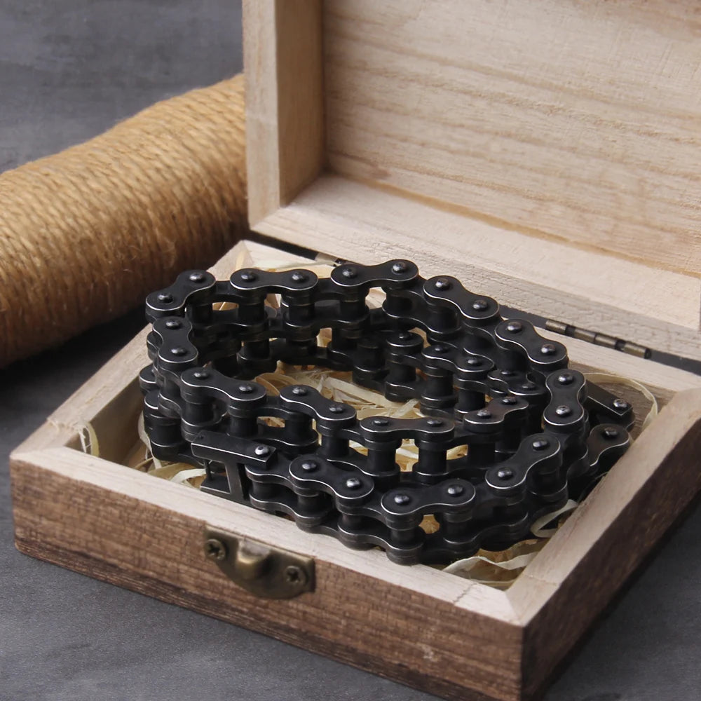 Punk Rock Stainless Steel Biker Mens Bracelet Link Chain Motorcycle Bike Bicycle Chain Bracelets Bangles Jewelry with wood box　