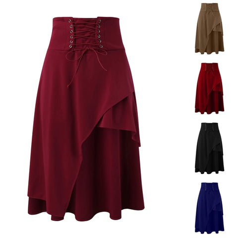 Women's Vintage Gothic Medieval Renaissance Skirt Elegant Elastic High Waist Lace Up Viking Pirate Costumes Carnival Swing Skirt