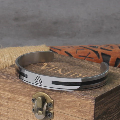 Stainless Steel Men's Handmade Nordic Valknut Bangle Viking Never Fade with wooden box as gift never fade