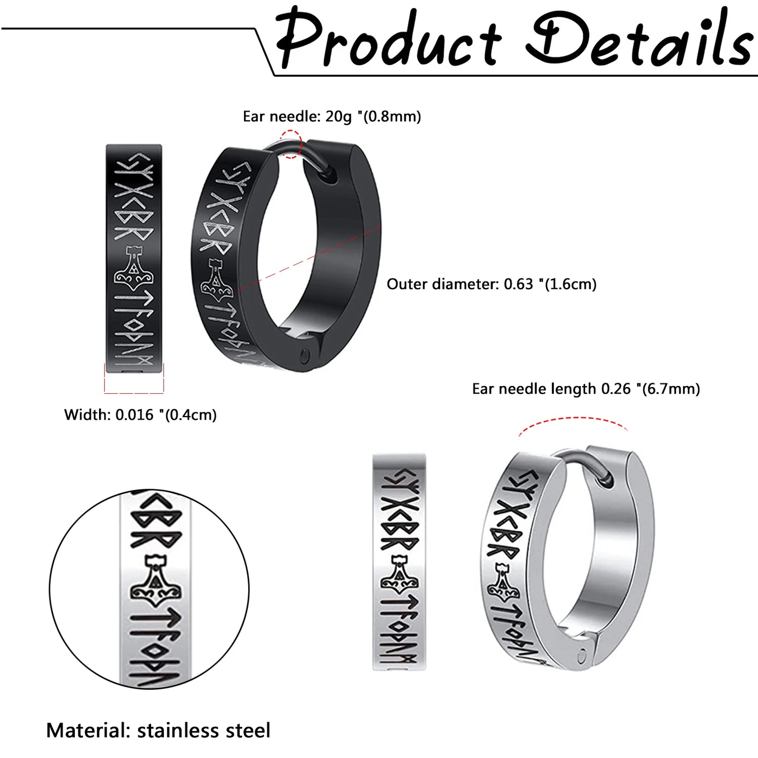 BONISKISS 2 Pairs Norse Viking Earrings Stainless Steel Nordic Elder Futhark Runes Hoop Huggie Hinged Fake Stud Men Women Unisex