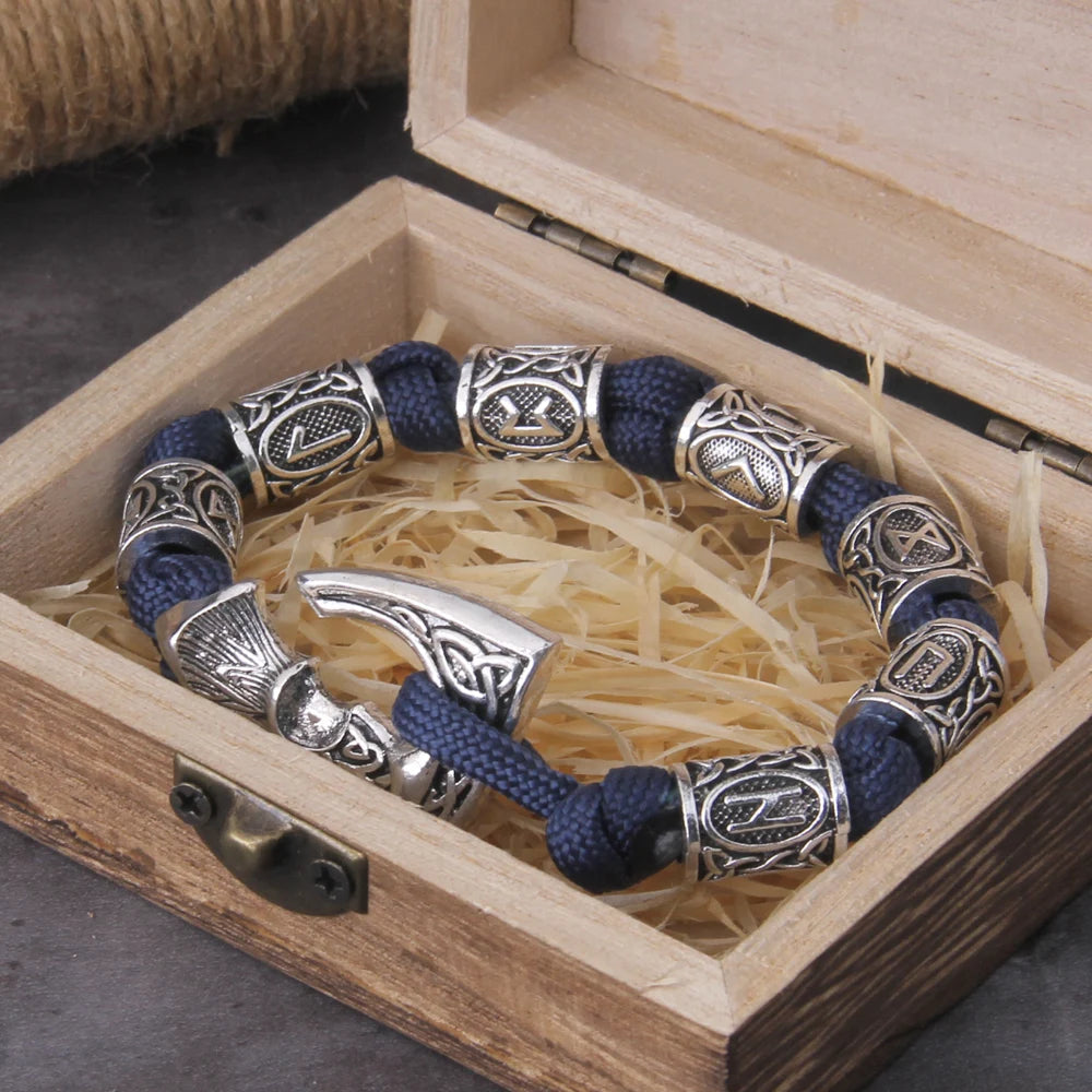 Never Fade Viking Axe punk beads bracelet for men stainless steel fashion climbing rope Jewelry with wooden box as gift