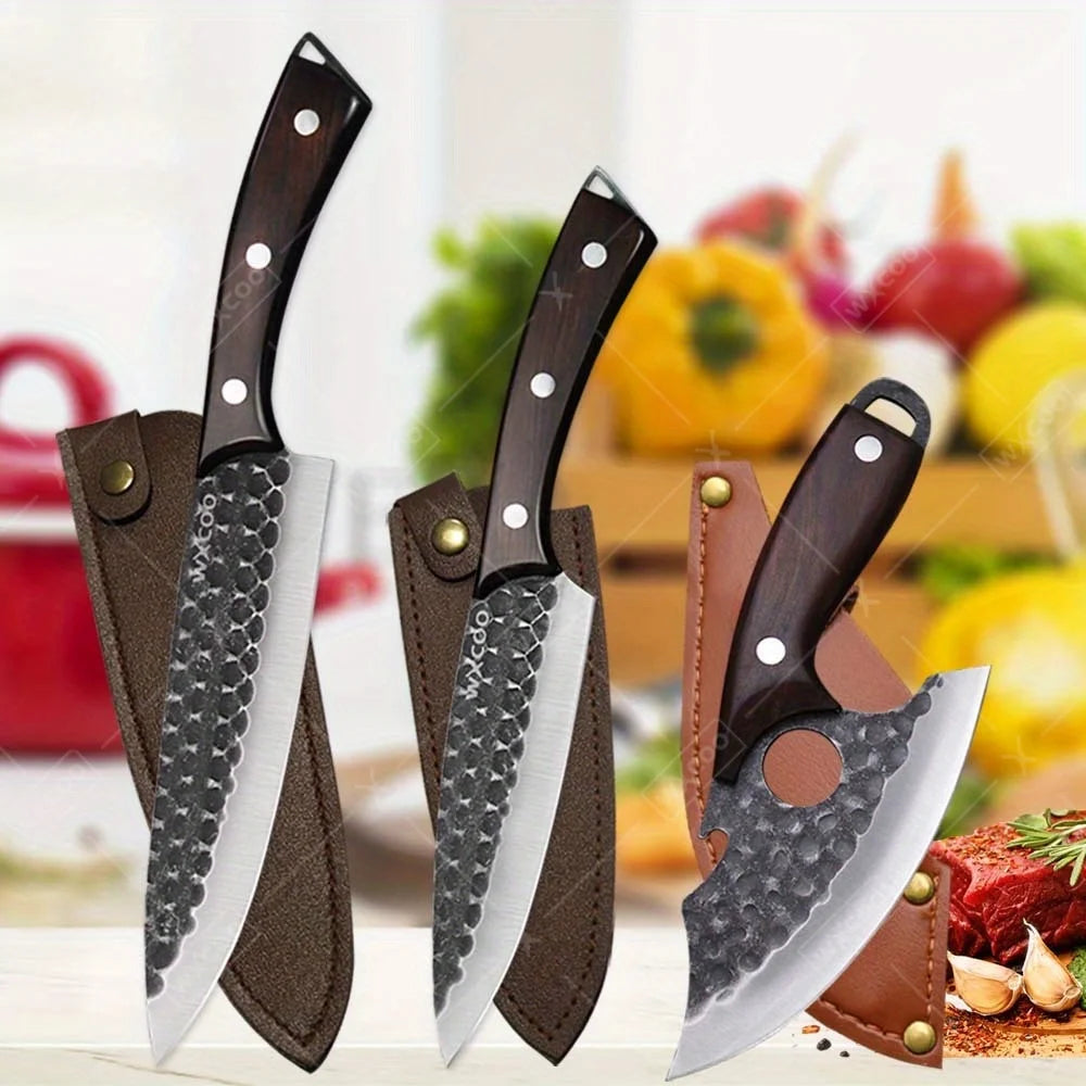 3 Pcs Stainless Steel Chef Knife Set Hand Forged Kitchen Cutters Boning Slicing Butcher Utility Paring Cleavers