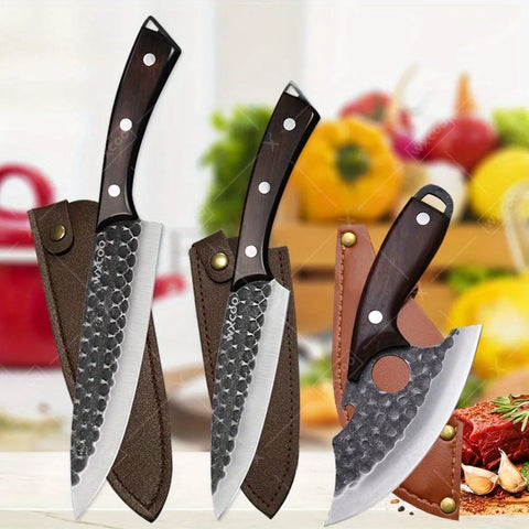 3 Pcs Stainless Steel Chef Knife Set Hand Forged Kitchen Cutters Boning Slicing Butcher Utility Paring Cleavers