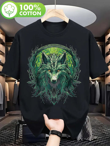 Men's 100% Cotton Viking Fenrir Wolf T-Shirt - Mystical Celtic Mythology Design with Runes, Vibrant Digital Print, Crew Neck, Sh