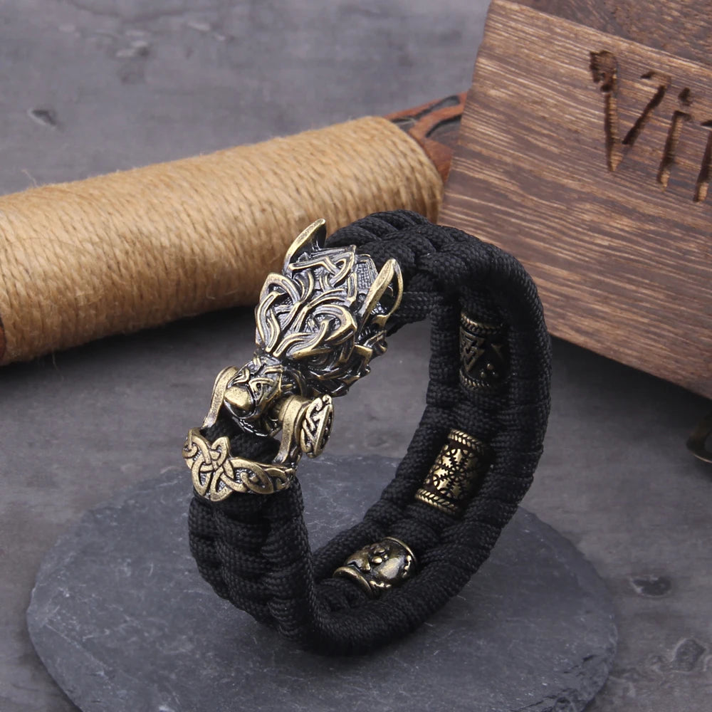 Never Fade Rock Viking Wolf Bracelet Men's handmade cord Wolf Bead Punk Bracelets Biker Jewelry