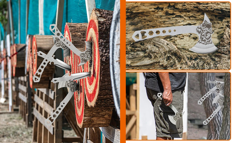 3-Piece Throwing Axe & Tomahawk Set with Built-in Corkscrew & Protective Sheath, Full Tang Stainless Steel 10.4'', Silver