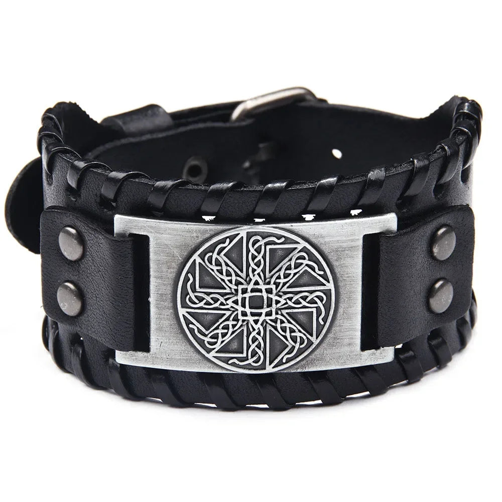 Punk Braided Rope Alloy Bracelet Wristband Adjustable Genuine Leather Bracelet Mens Leather Viking Totem Wristbands Wide Bangle