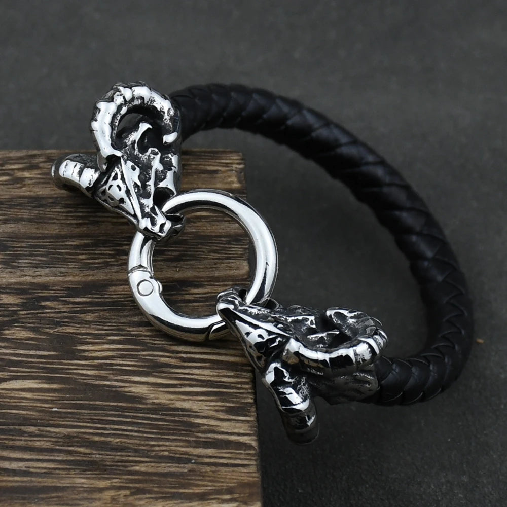 Viking Goat Head Bracelets Men Stainless Steel Vintage Viking Bangles rune Amulet Leather Icelandic Jewelry