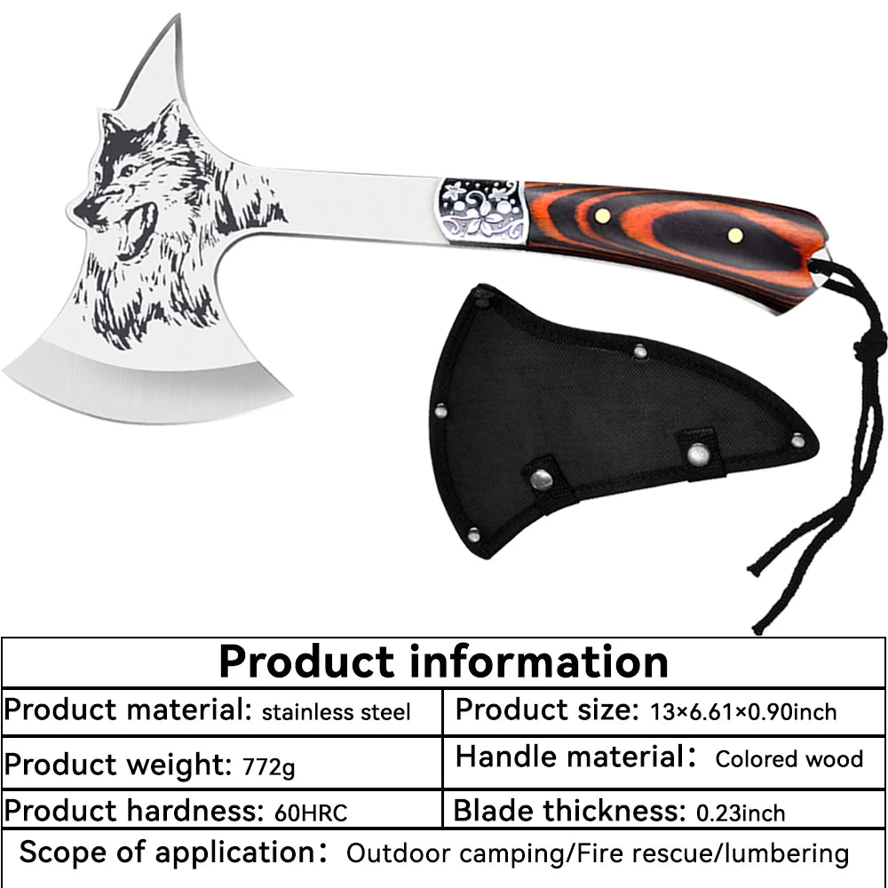 High Hardness Stainless Steel Survival Axe Multi-function Outdoor Camping Tactical Wolf-head Axe Hunting Tools Portable Tomahawk