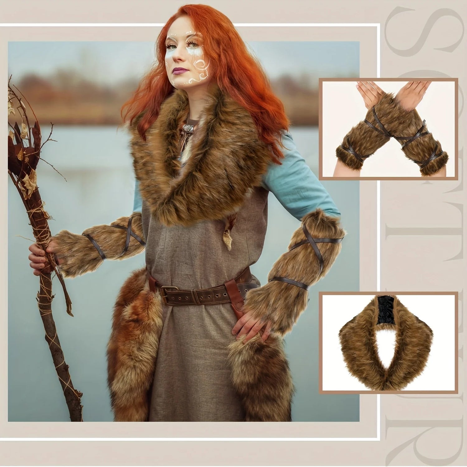 5-Piece Carnival Viking Luxury Imitation Fur Accessories Set - Collar, Legs and Hand Warmer, Halloween Costume, Role-Playing Activities