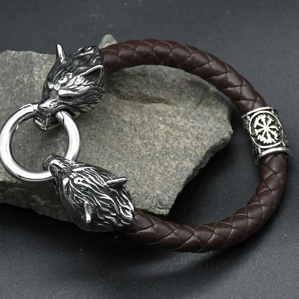 Viking rune bead Wolf Head Bracelet Stainless Steel Animal head Leather Bracelet For Women men gift