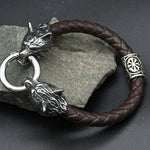 Viking rune bead Wolf Head Bracelet Stainless Steel Animal head Leather Bracelet For Women men gift