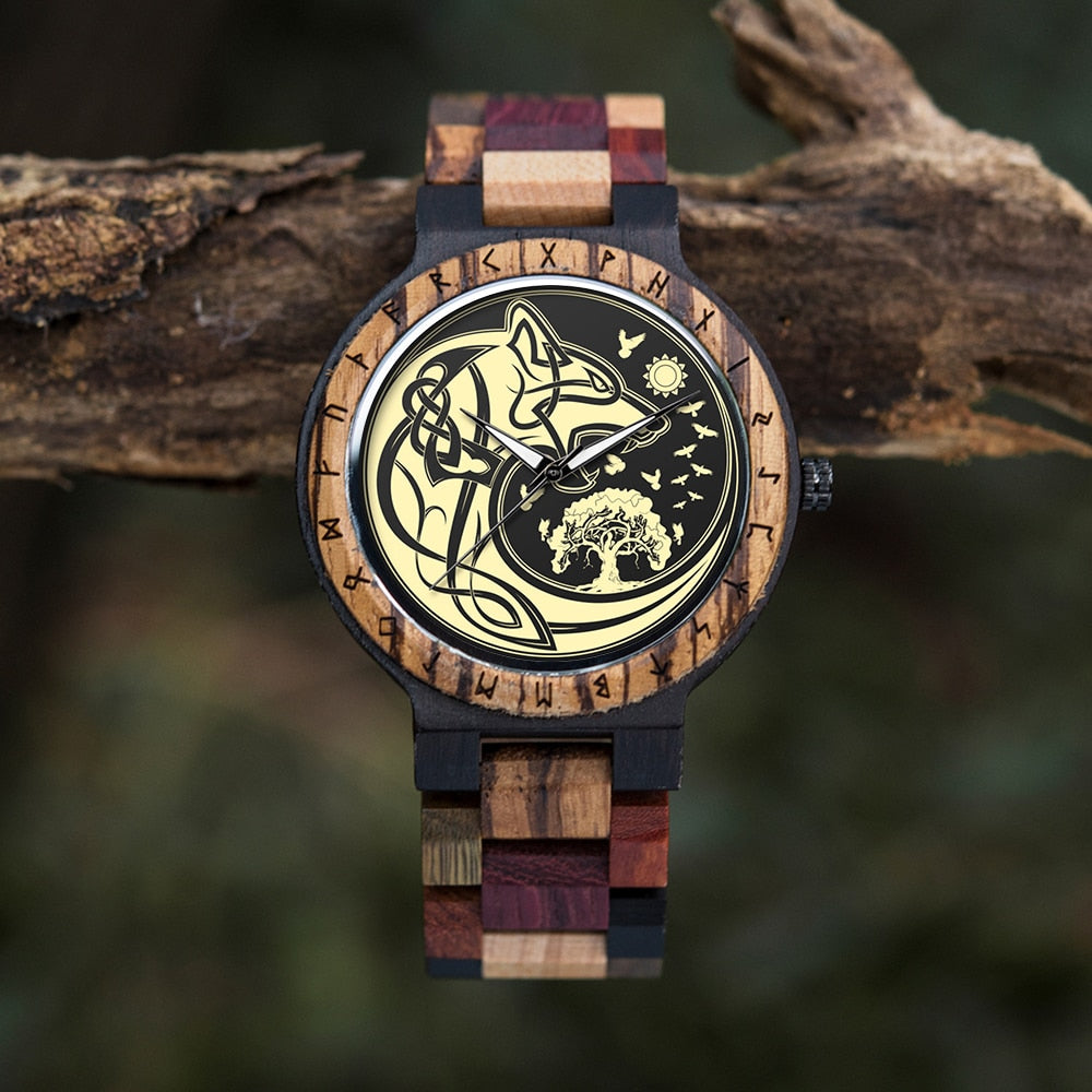 Viking Wooden Watch - Fenrir Wolf