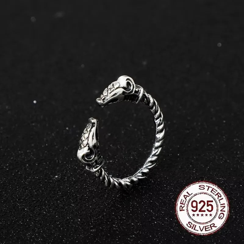 S925 Sterling Silver Viking Adjustable Goat Twist Ring with vintage viking wood box