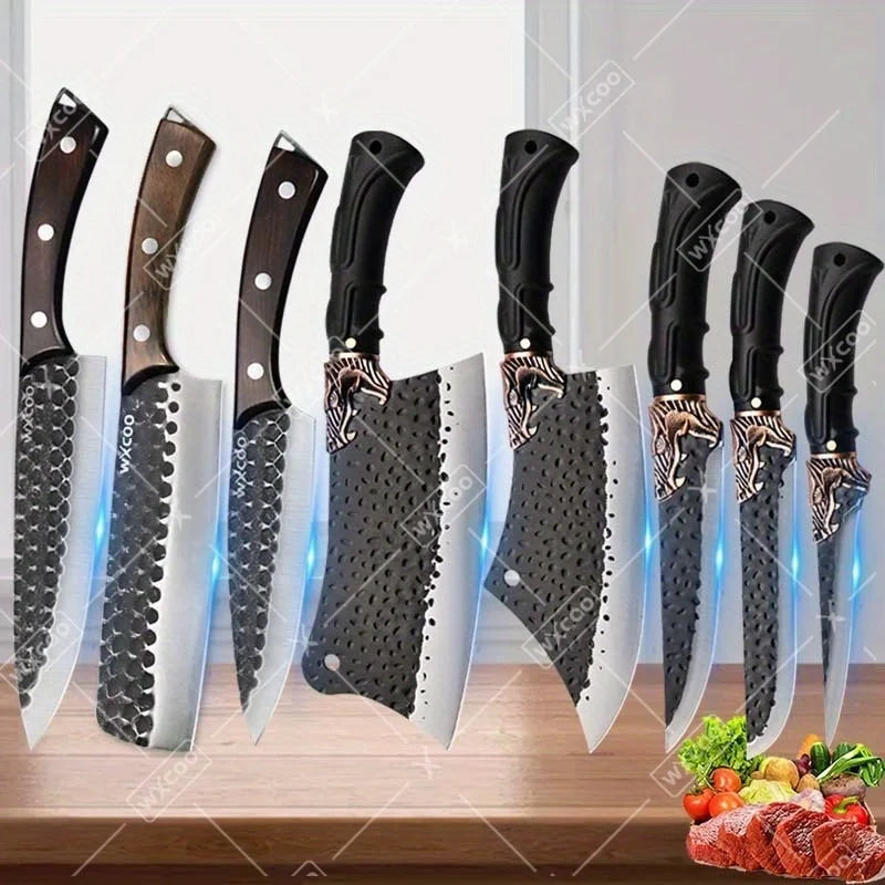 8PCS Professional Kitchen Chef Knife Set Handmade Forged Stainless Steel Chef Knife Butcher Knife Vegetable Utility Boning Fish