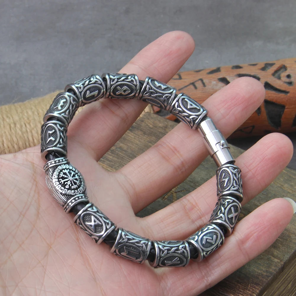 Stainless steel Runes Beads Men Bracelet Viking Rune Bracelet Fashion Charm Beads Bracelet wooden box